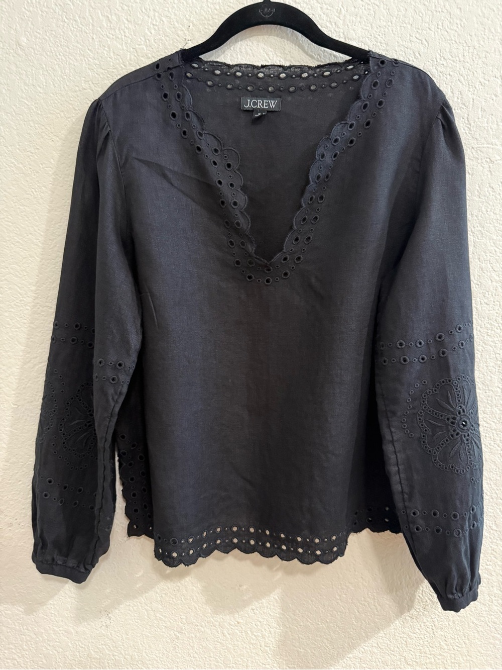 J.Crew Black Eyelet Embroidered Linen Blend Blouse Boho V-Neck Long Sleeve